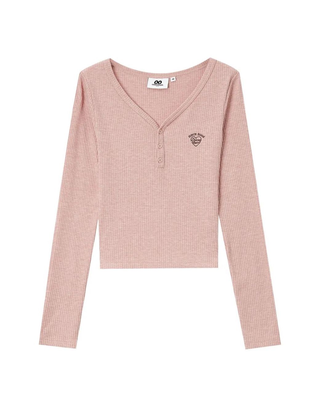 Chocoolate Pink Ribbed-Knit Heart-Motif Long-Sleeved Cropped T-Shirt
