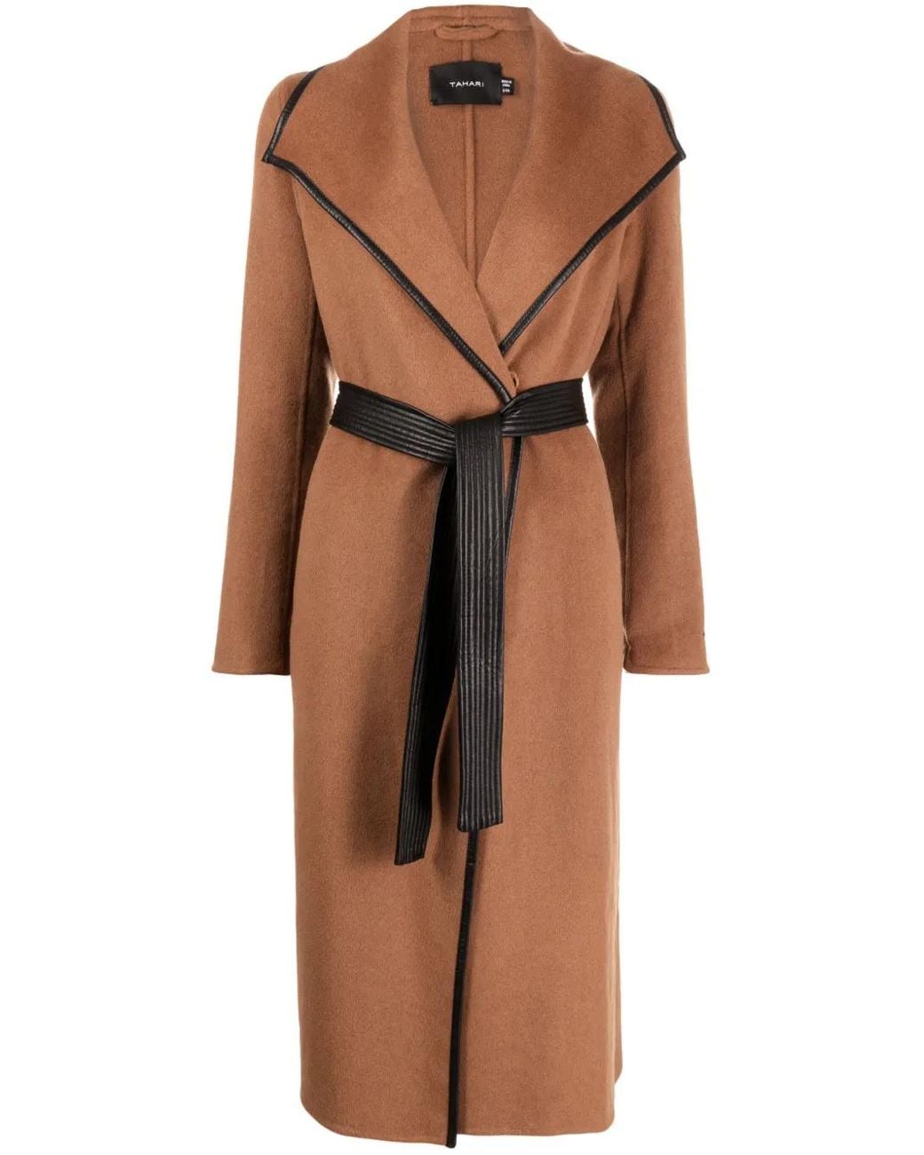 Tahari Brown Faux Leather-Trim Belted Coat