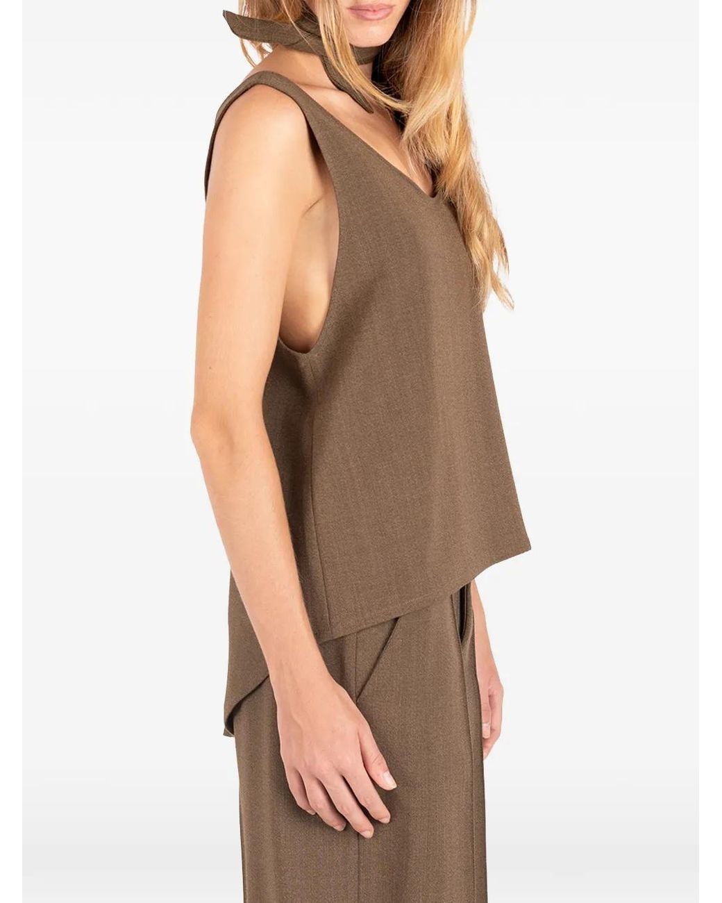 Societe Anonyme Brown Tuxedo Neck-Tie Sleeveless Top