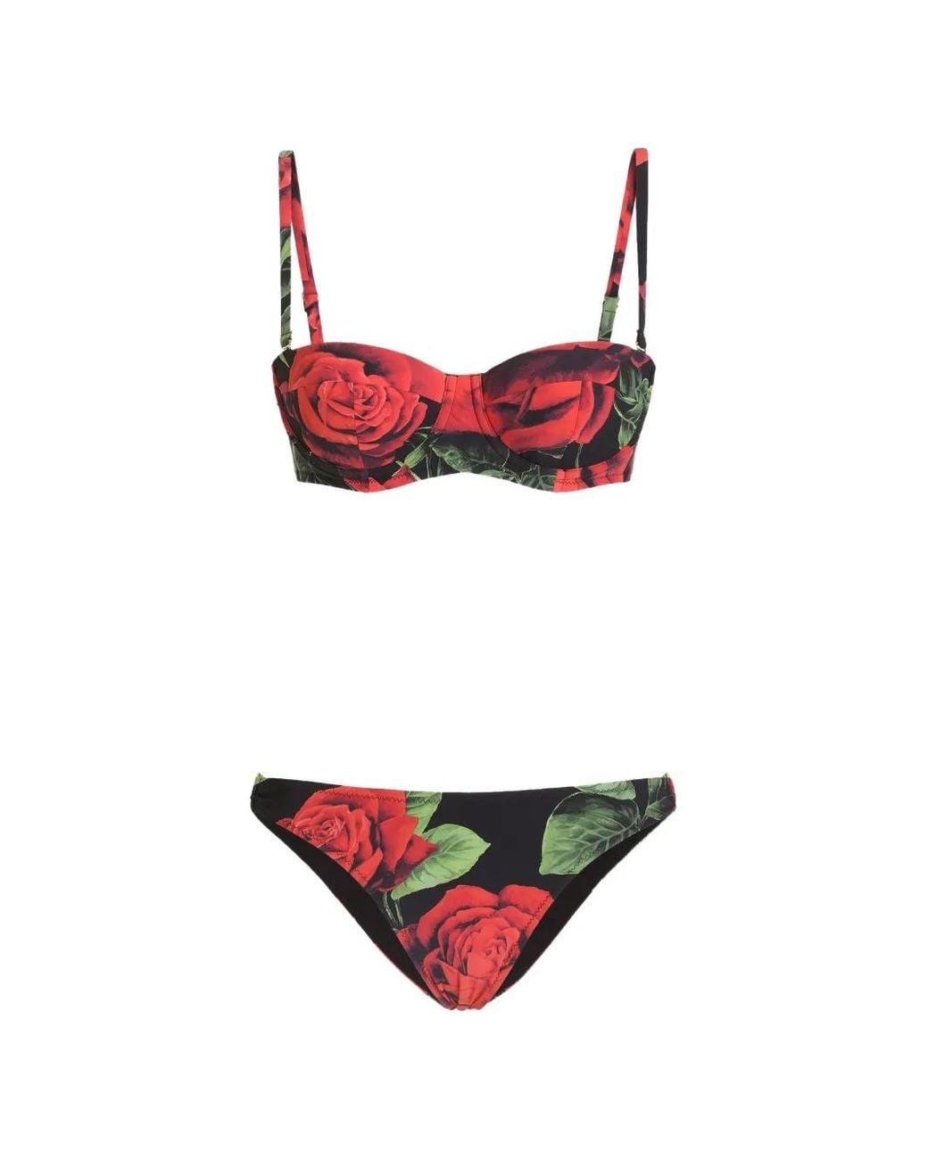 Dolce & Gabbana Red Rose-Print Balconette Bikini