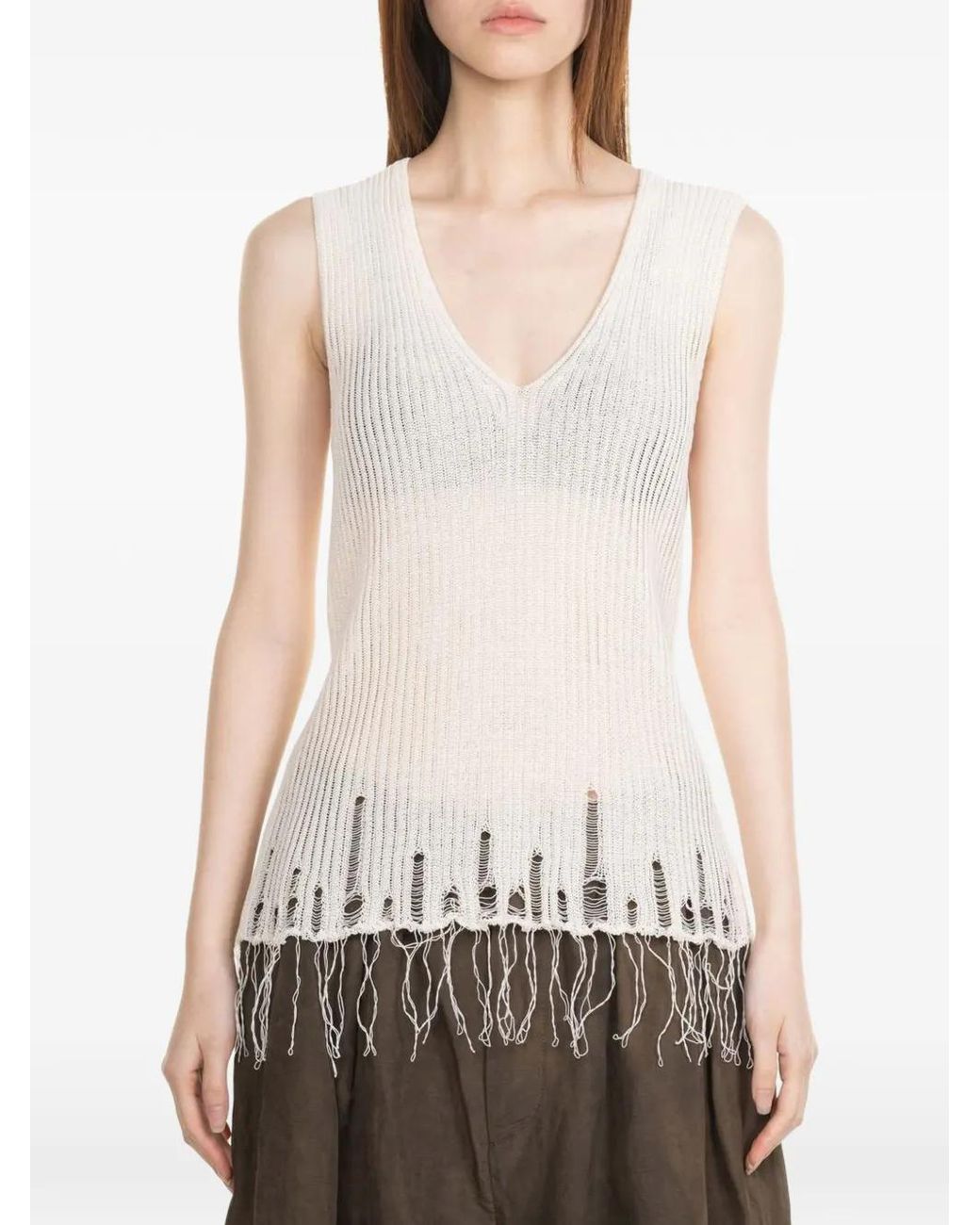 Uma Wang White Distressed Fringed Top