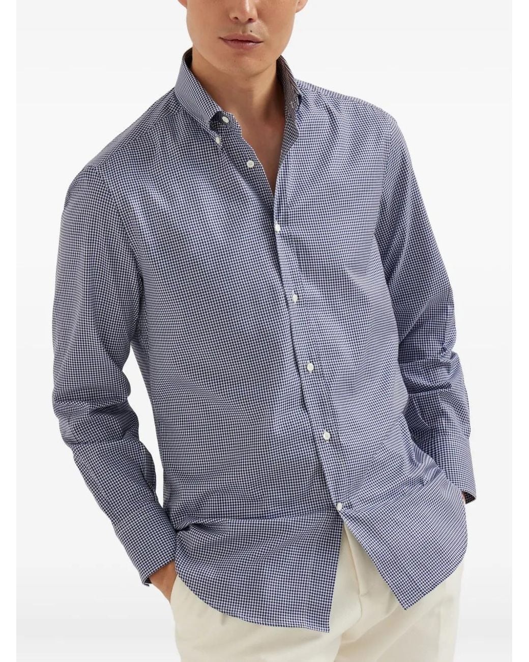 Brunello Cucinelli Blue Button-Down Collar Shirt for men