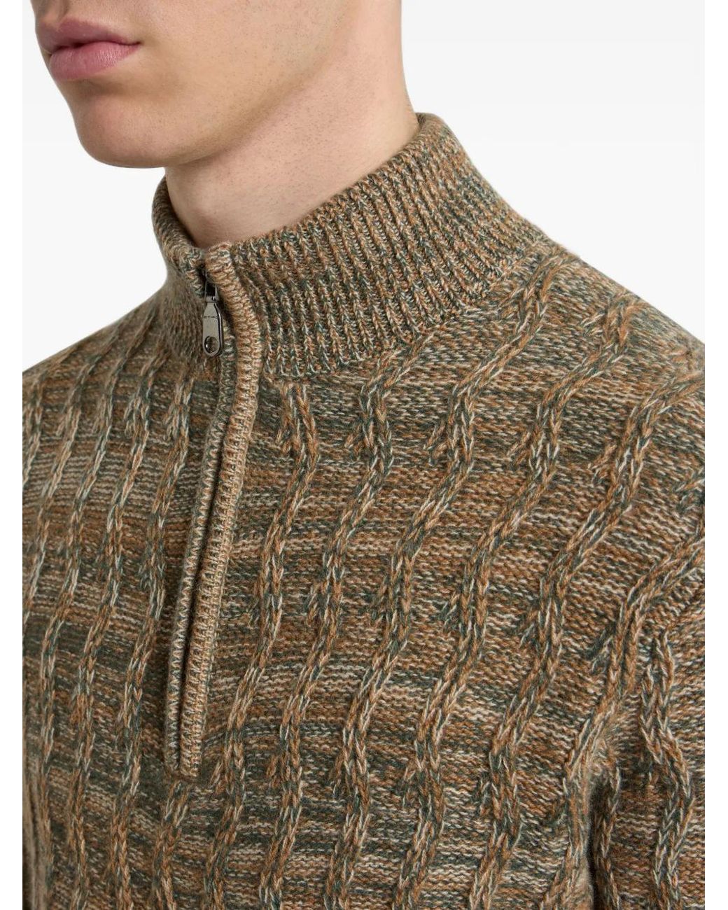 Etro Brown Cable-Knit Cashmere Sweater With Zip for men
