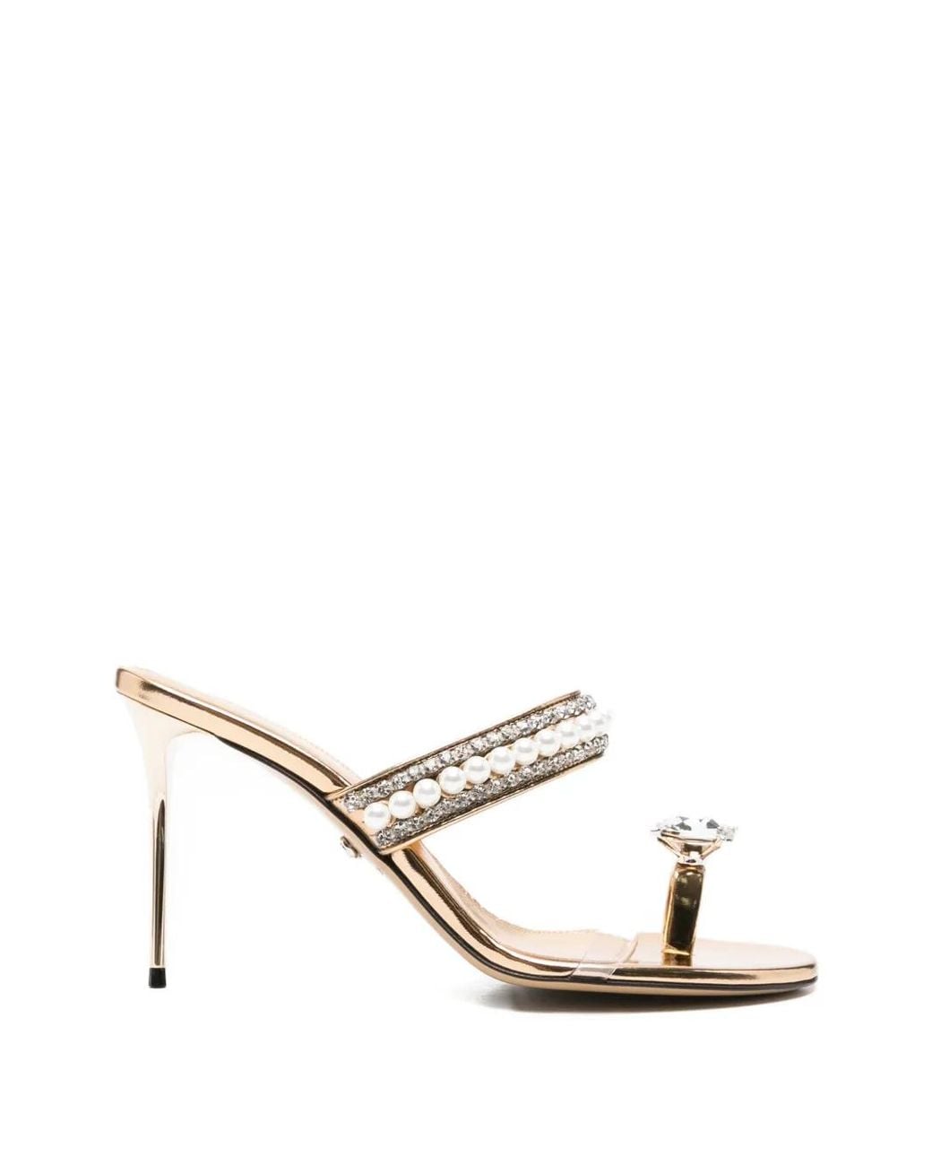 Mach & Mach White Pearl-Embellished Sandals