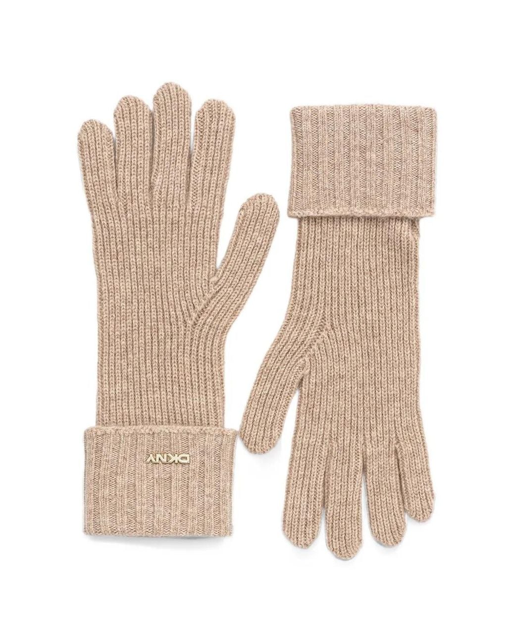 DKNY Natural Logo-Plaque Ribbed-Knit Gloves