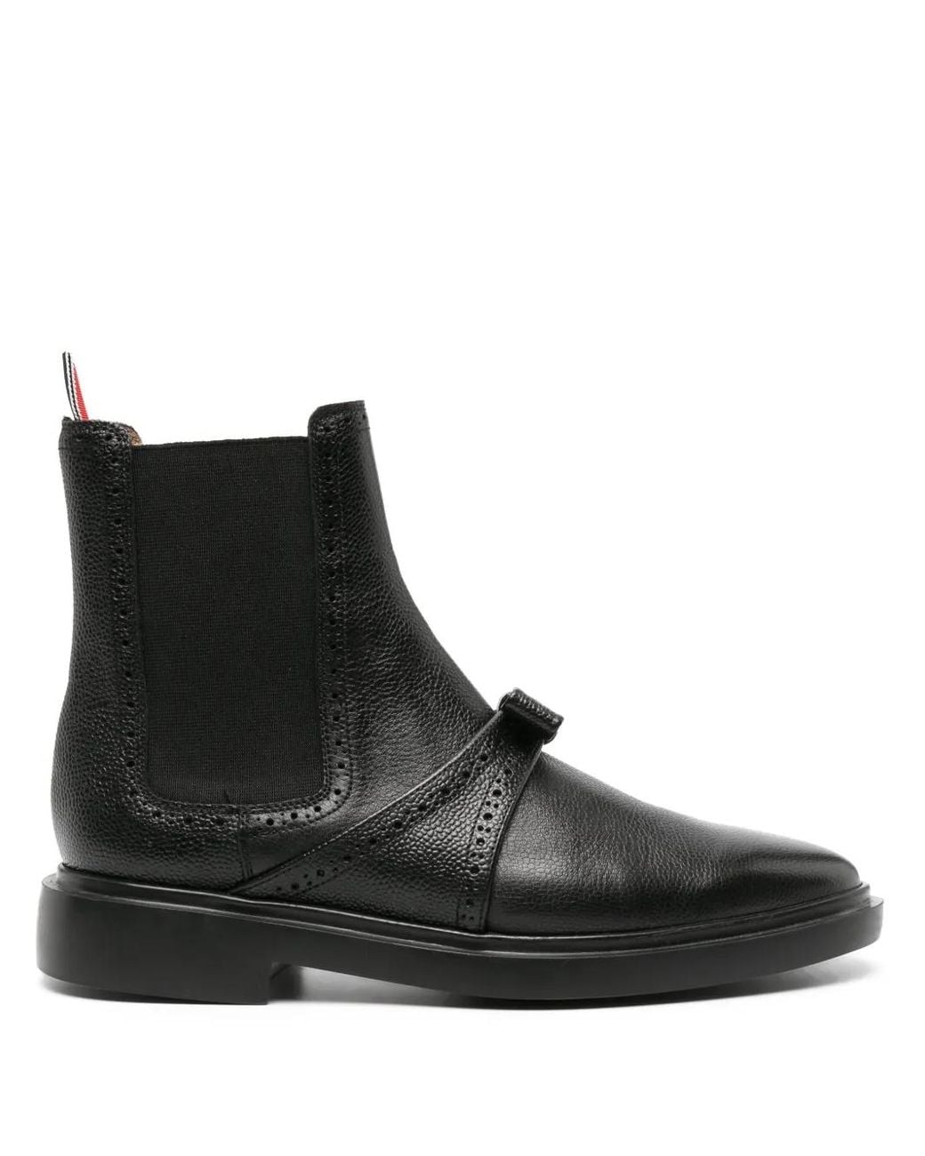 Thom Browne Black Pebble Grain Rubber Sole Brogue Bow Chelsea Boots