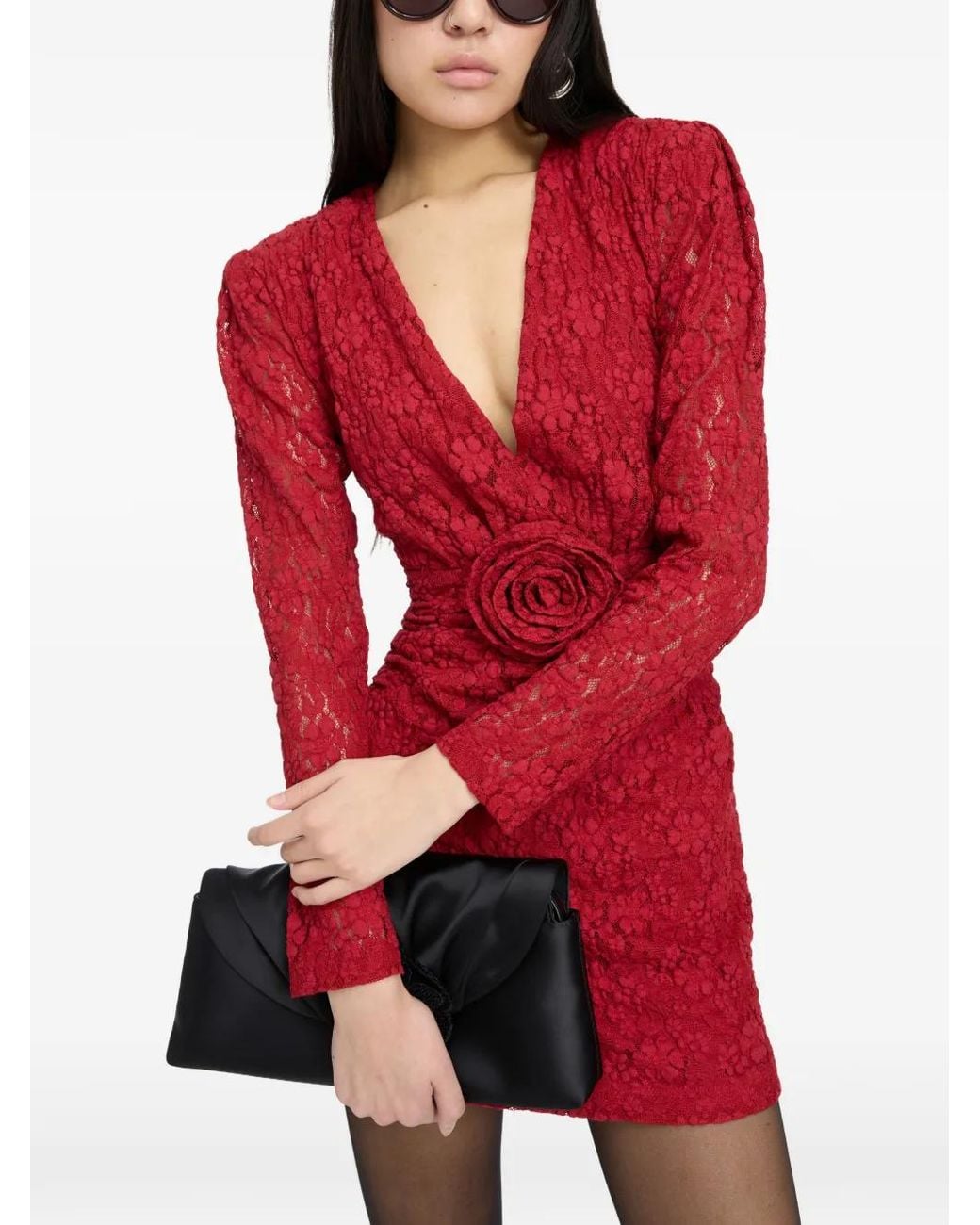 ROTATE BIRGER CHRISTENSEN Red Lace V-Neck Mini Dress