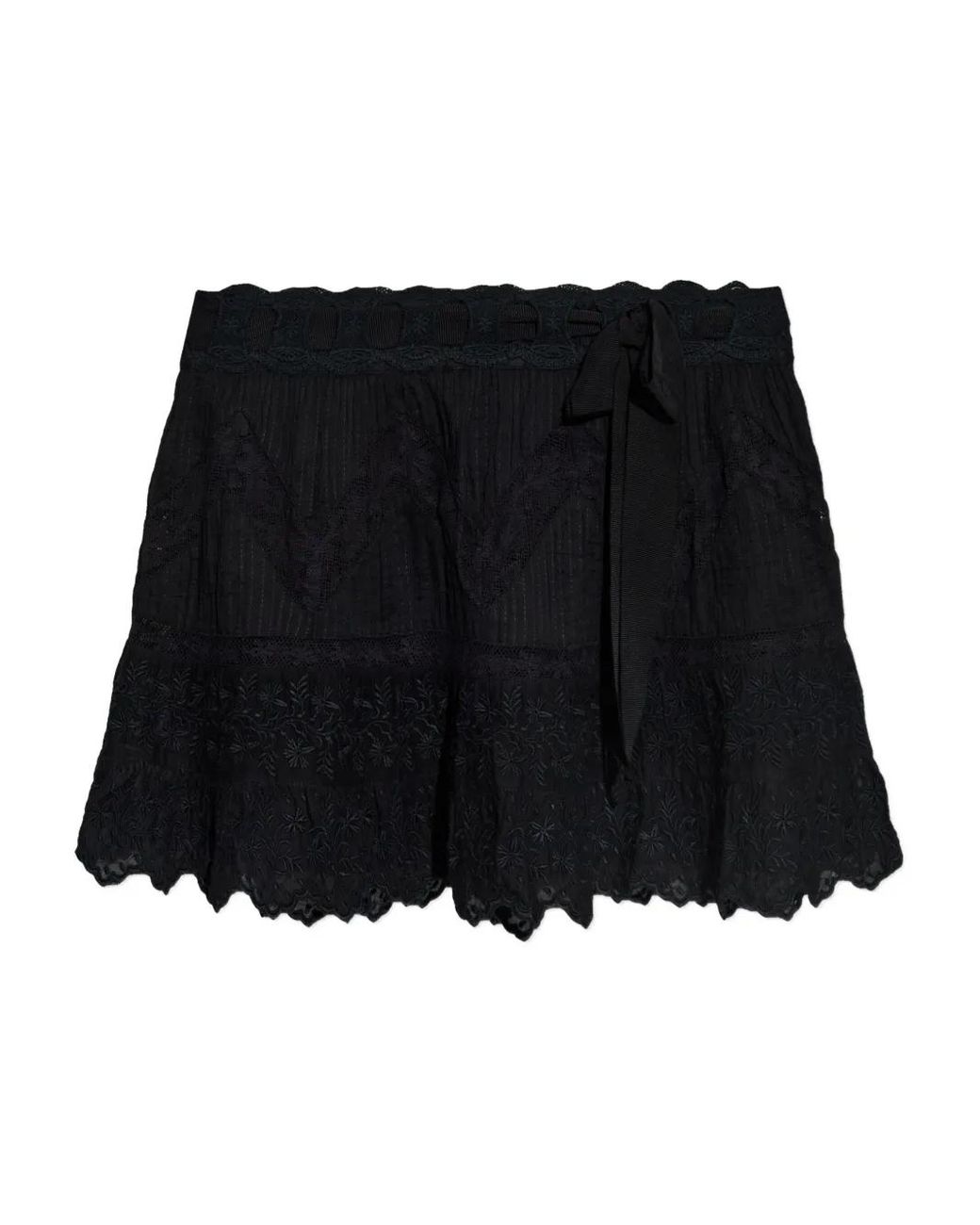 LoveShackFancy Black Embroidered Ruffled Skirt