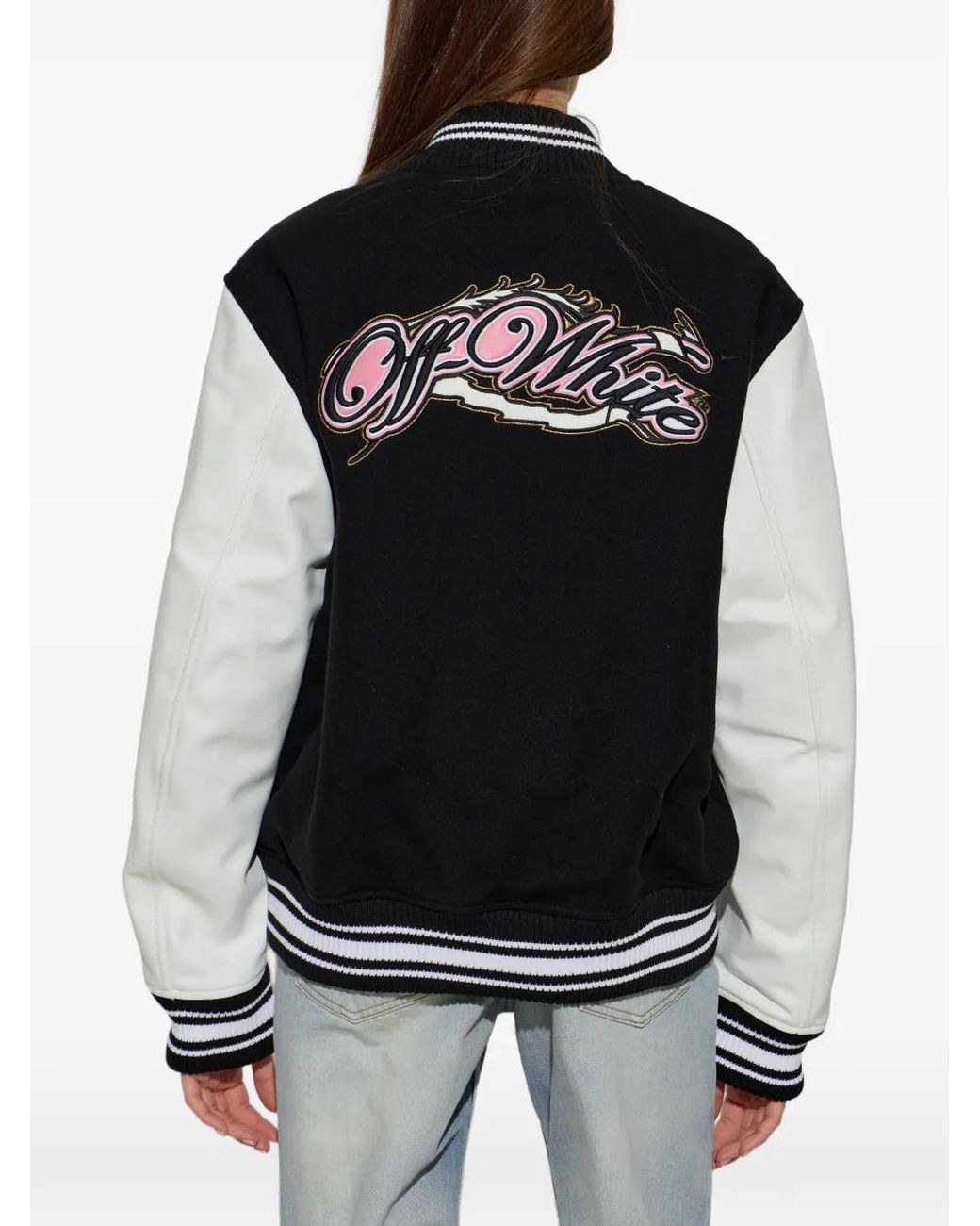 Off-White c/o Virgil Abloh Black Logo-Embroidered Leather-Sleeve Jacket