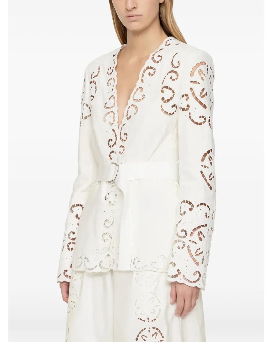 Sea White Dahlia Broderie-Anglaise Belted Blazer