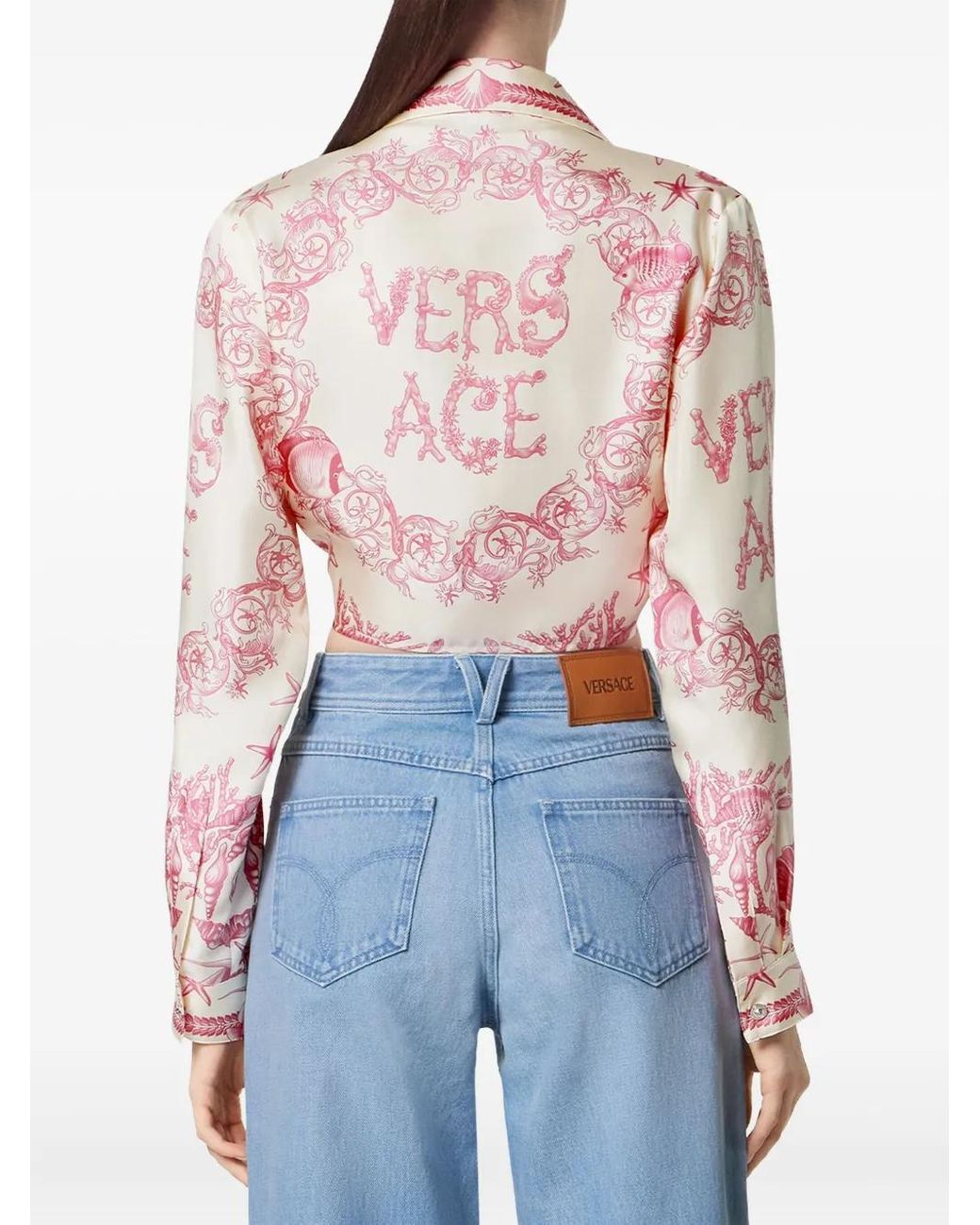 Versace Pink Underwater Barocco Knotted Crop Silk Shirt