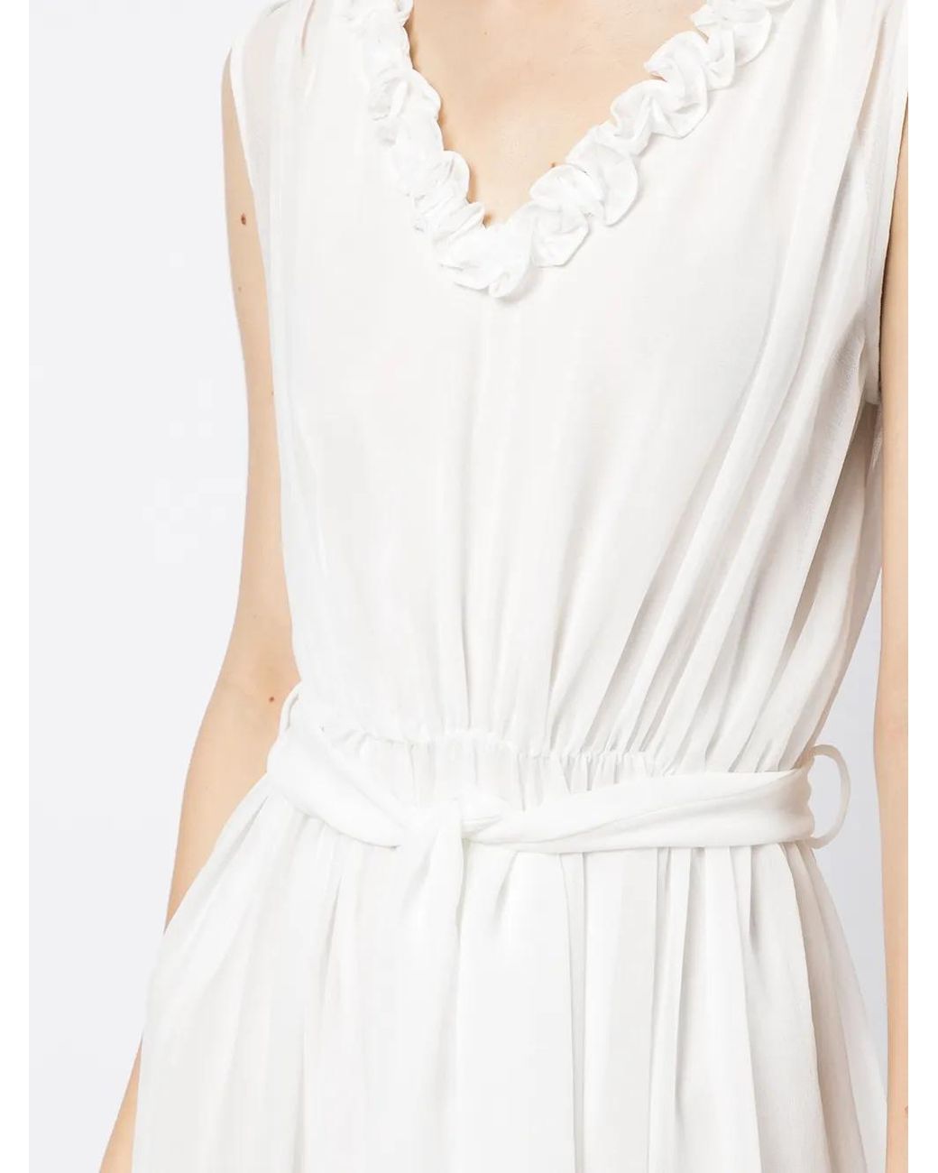 Baruni White Belted Tiered Evening Gown