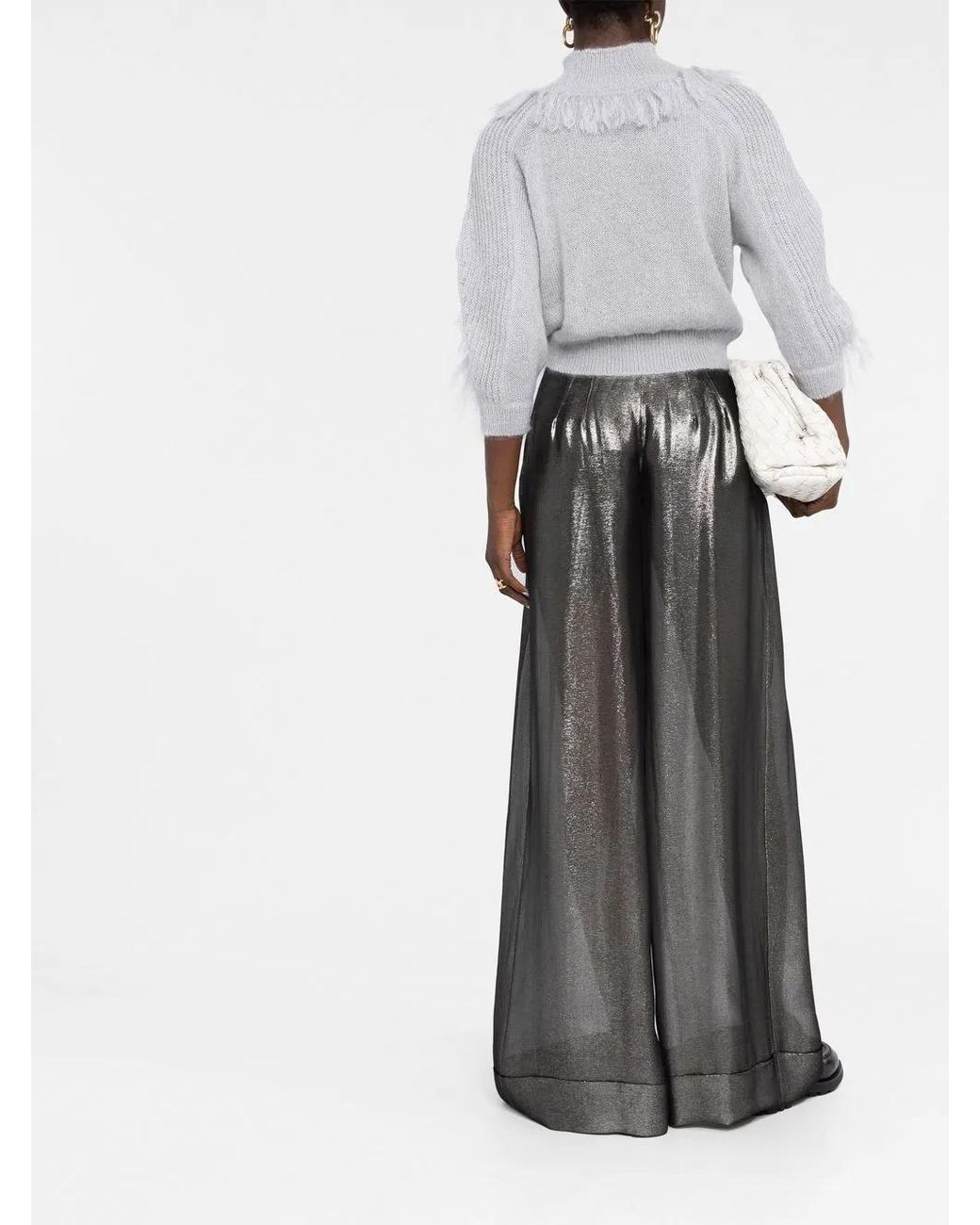 Alberta Ferretti Gray Metallic High Waist Wide-Leg Trousers