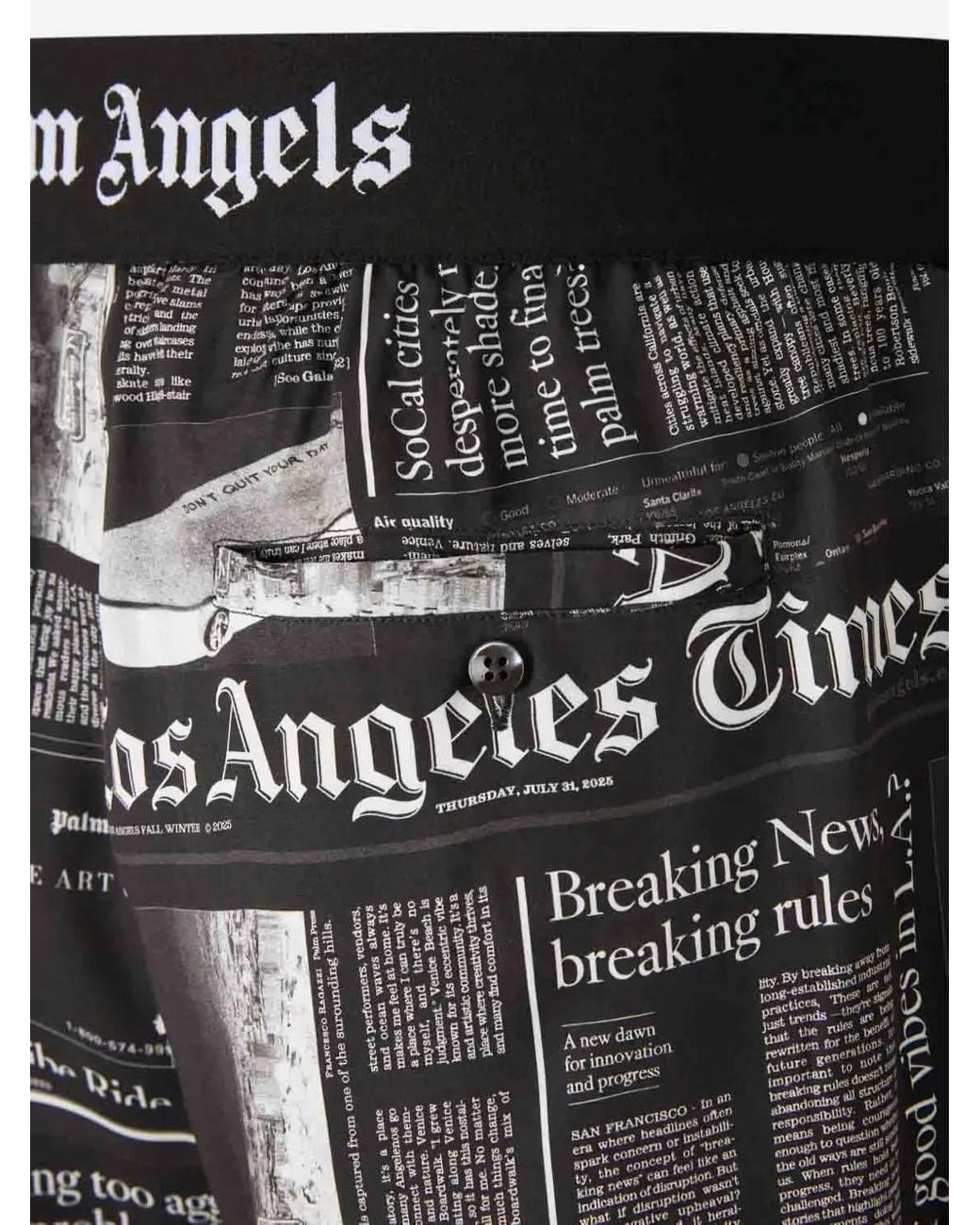 Palm Angels Black Newspaper-Print Elastic-Waist Shorts for men