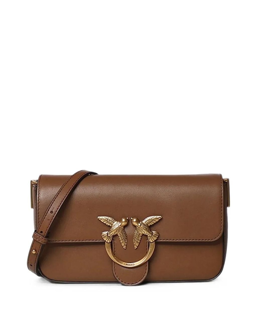 Pinko Brown Love Birds Leather Shoulder Bag