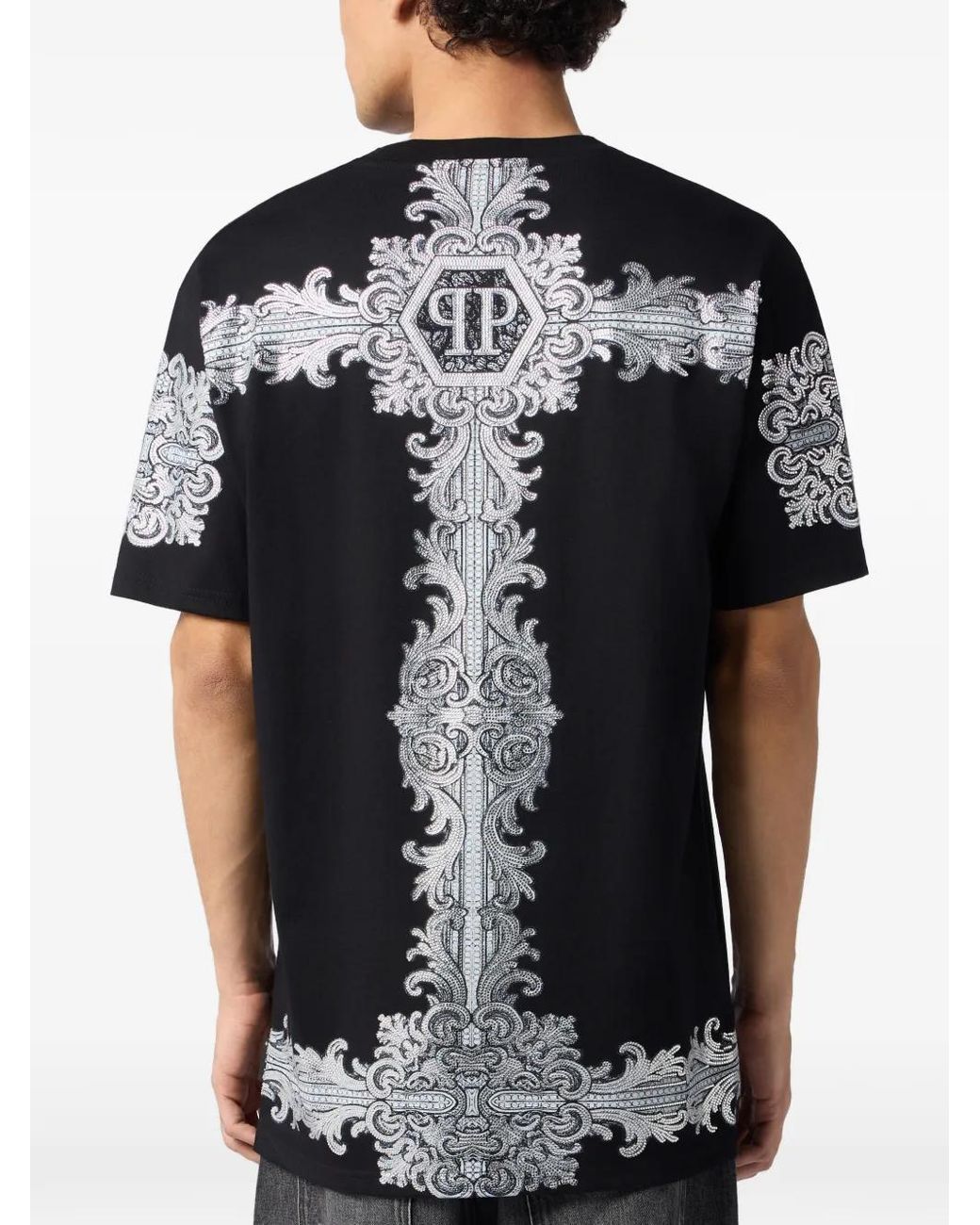 Philipp Plein Black Round Neck T-Shirt Baroque Stones for men