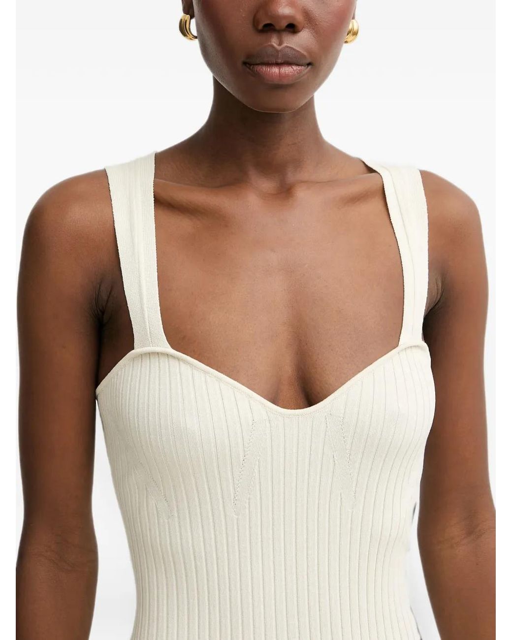 Fracomina White Ribbed-Knit Sweetheart-Neck Midi Dress