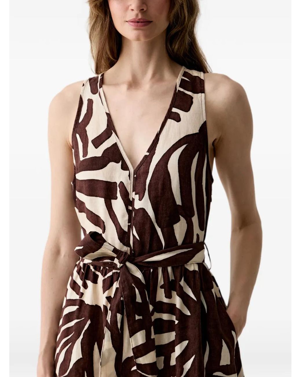 Benetton White Leaf-Print Belted Dress