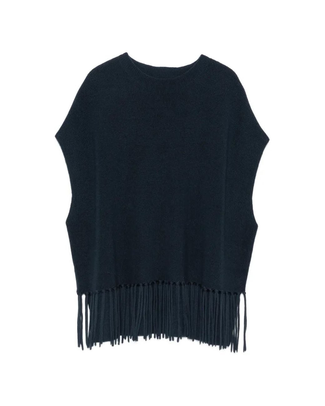 Patrizia Pepe Blue Fringed Wool Poncho