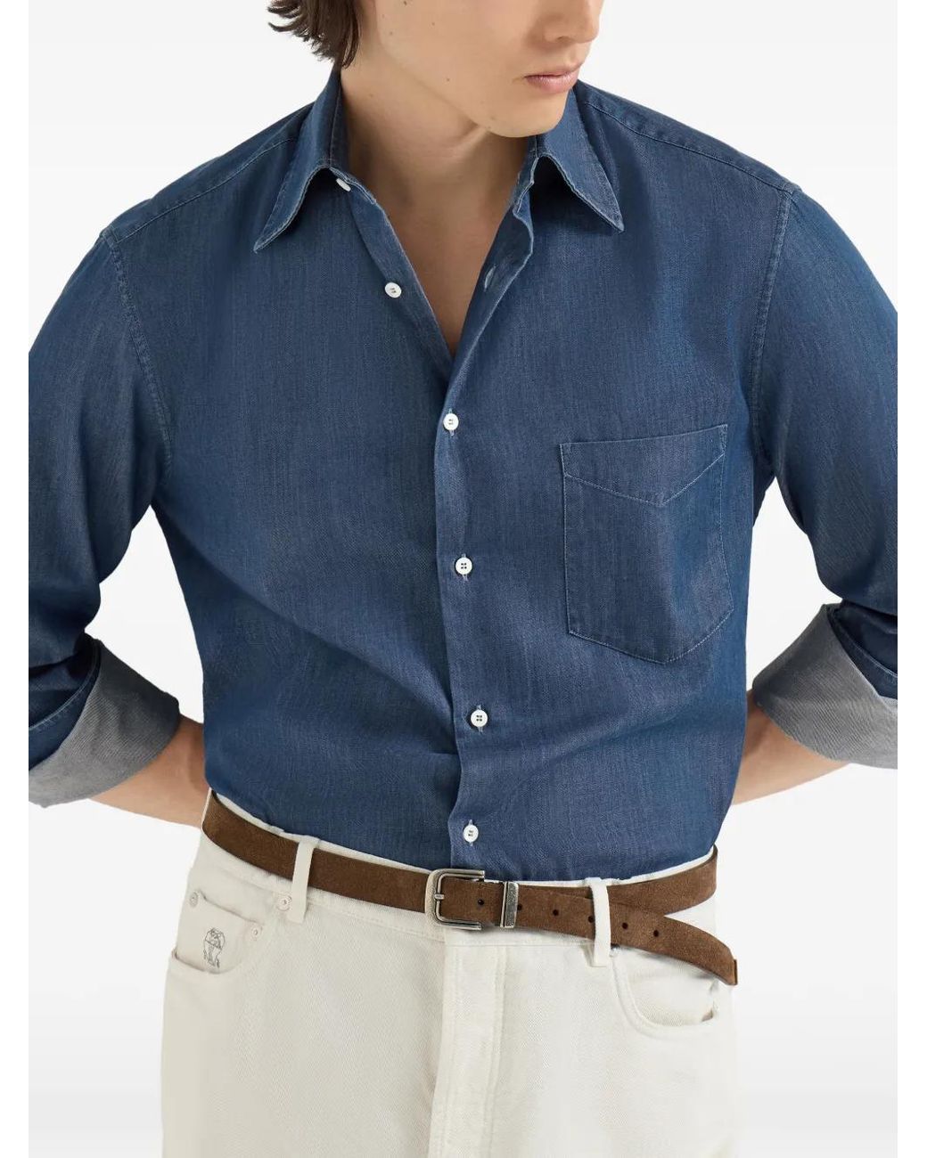 Brunello Cucinelli Blue Lightweight Denim Shirt With Italian Collar And Chest Pocket for men