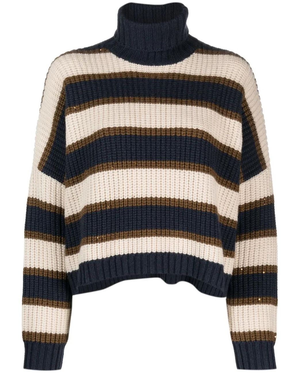Brunello Cucinelli Black Striped Roll-Neck Waffle-Knit Jumper