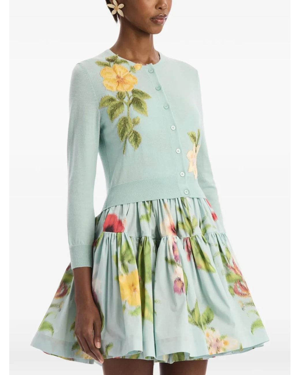 Oscar de la Renta Blue Chiné Dominican Mixed-Floral Threadwork Cardigan