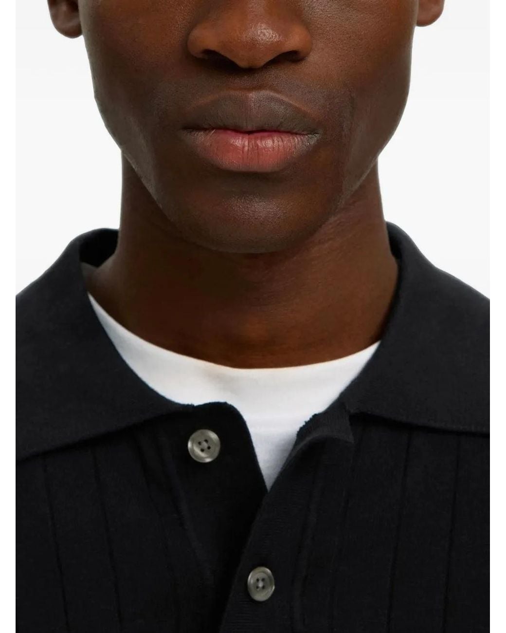 SELECTED Black Ribbed-Knit Polo Sweater for men