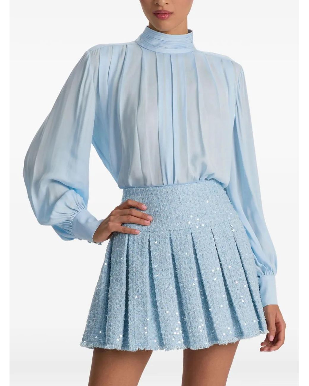 Alice + Olivia Blue Pleated Blouson Blouse