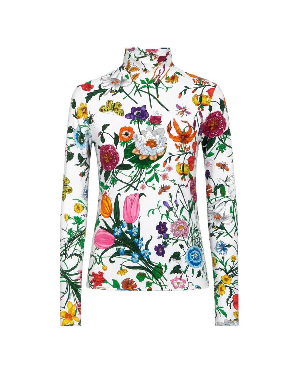 Gucci White Flora-Print High-Neck T-Shirt