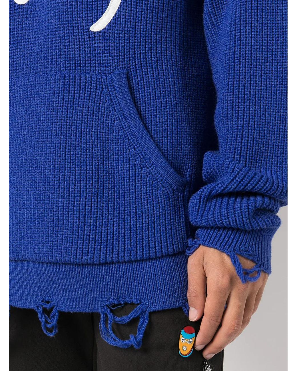 Haculla Blue Logo-Print Distressed Knitted Hoodie for men