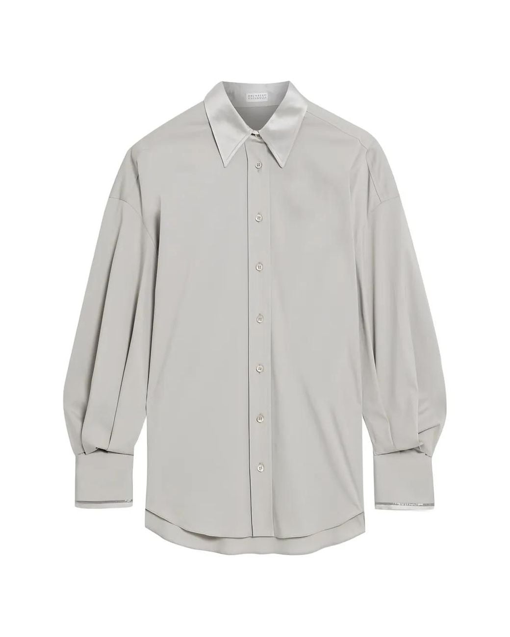 Brunello Cucinelli Gray Contrast-Collar Balloon-Sleeve Shirt
