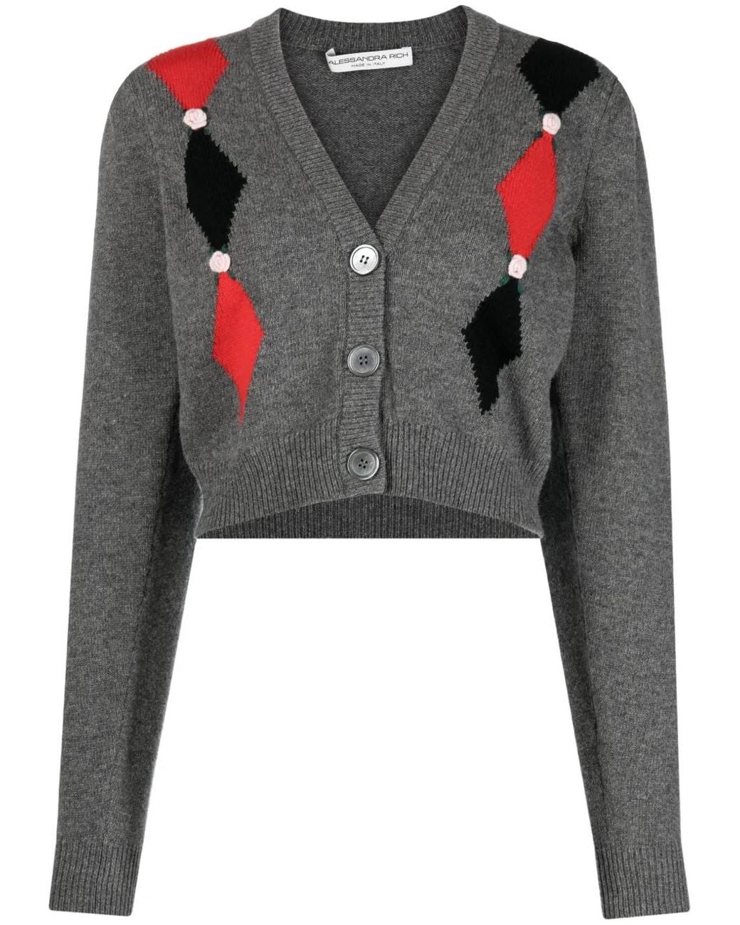 Alessandra Rich Black Intarsia-Knit Floral-Detail Cardigan