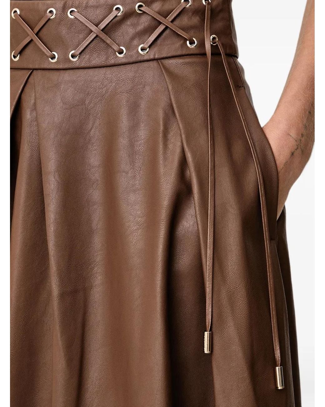 Fracomina Brown Lace-Up Pleated Midi Skirt