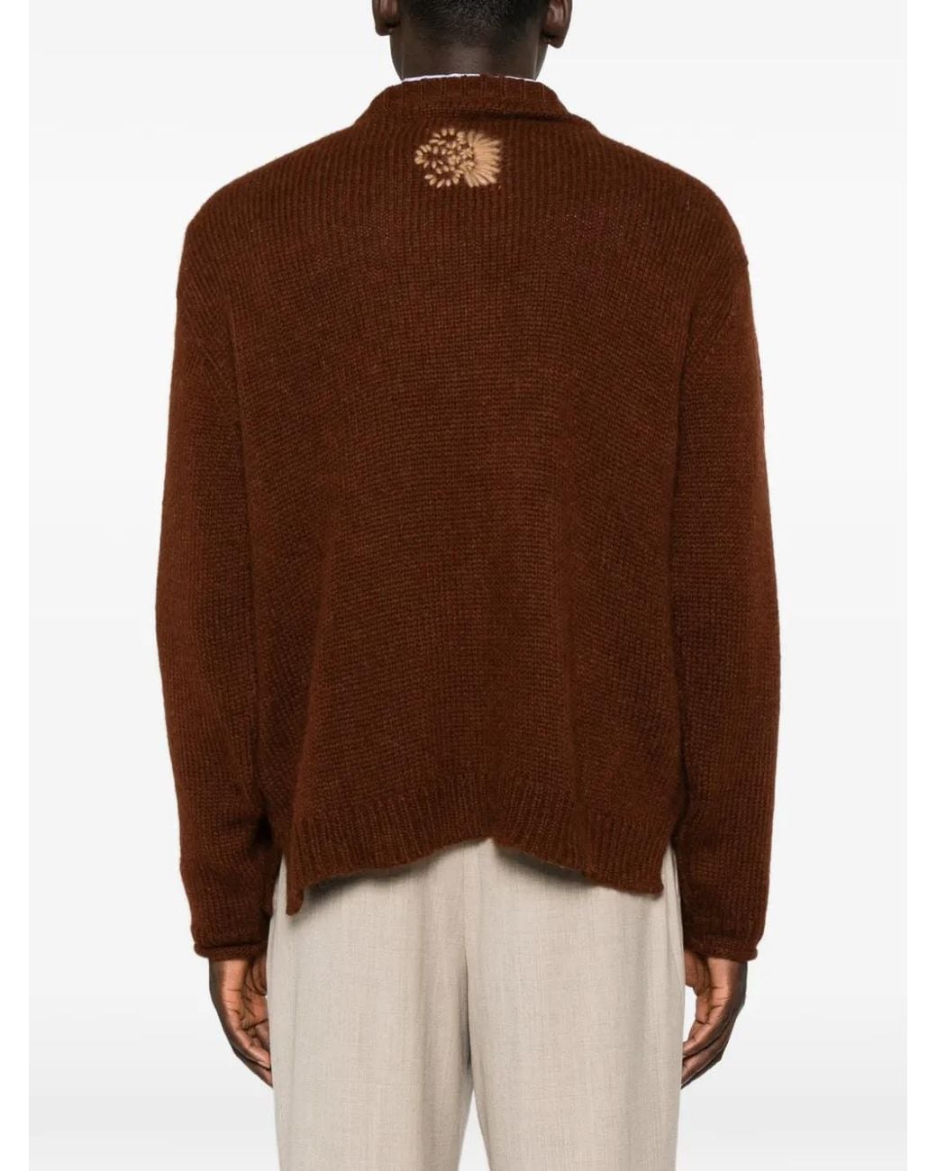 BAZISZT Brown Floral-Embroidered Chunky-Knit Sweater for men