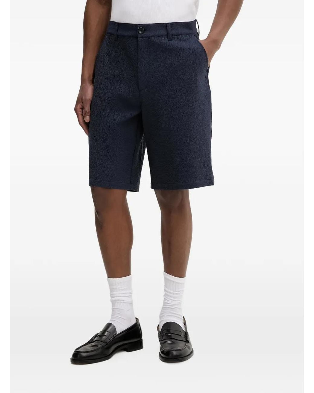 Les Deux Blue Seersucker-Textured Logo-Embroidered Shorts for men
