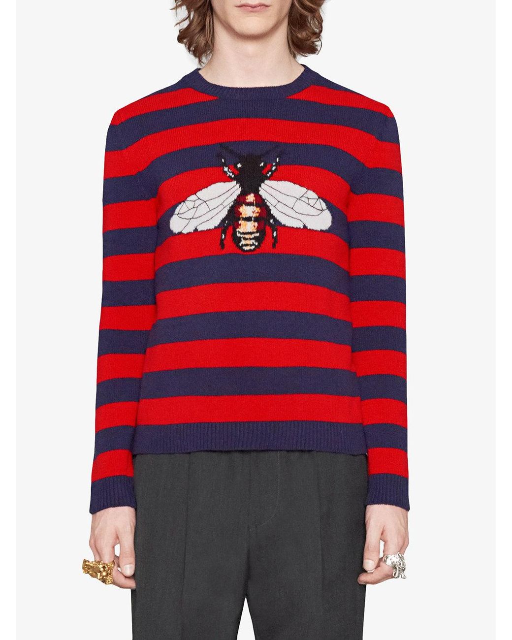 generøsitet prangende Midlertidig Gucci Striped Wool Sweater With Bee in Blue for Men | Lyst