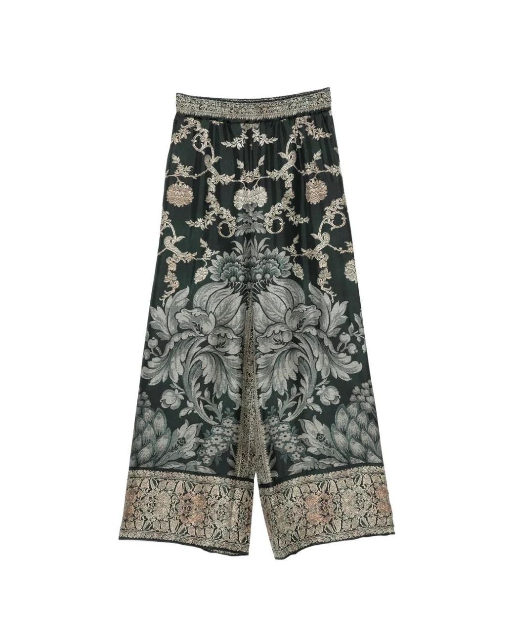 Pierre Louis Mascia Black Aloe Botanical-Print Silk Palazzo Pants