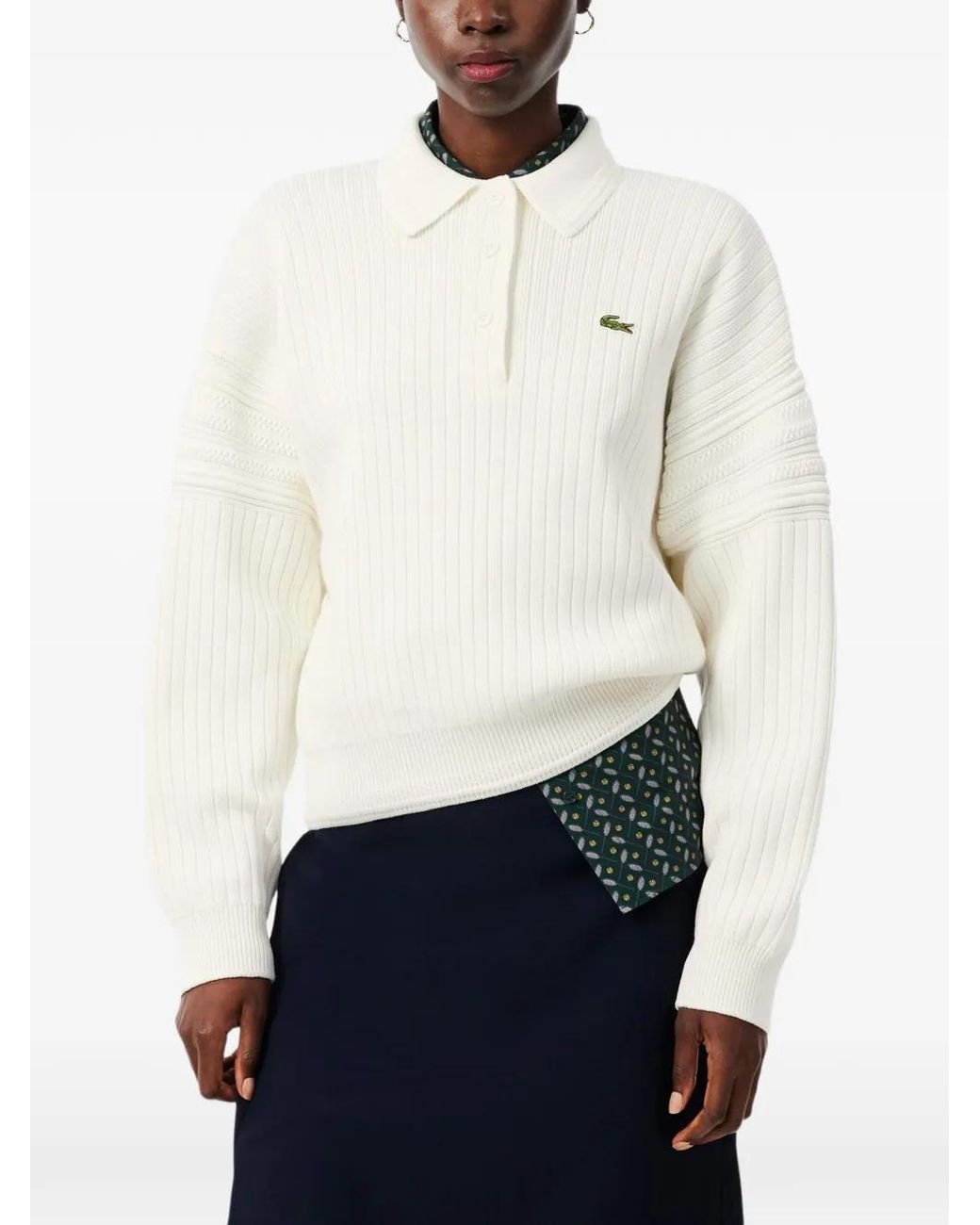 Lacoste White Ribbed-Knit Long-Sleeve Polo Shirt