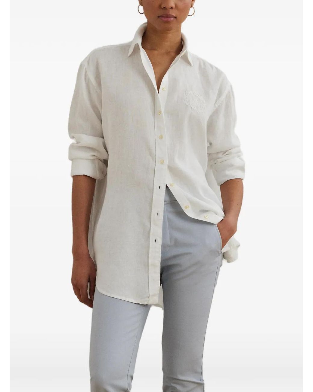 Ralph Lauren Gray Embroidered-Logo Button-Up Shirt
