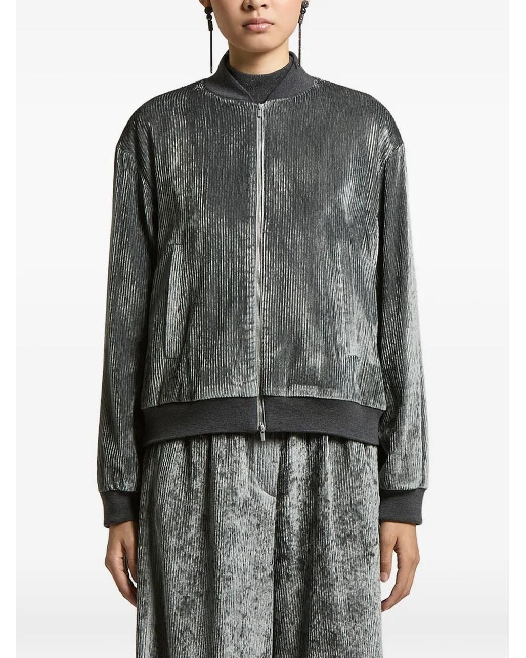 Peserico Gray Plissé-Effect Bomber Jacket