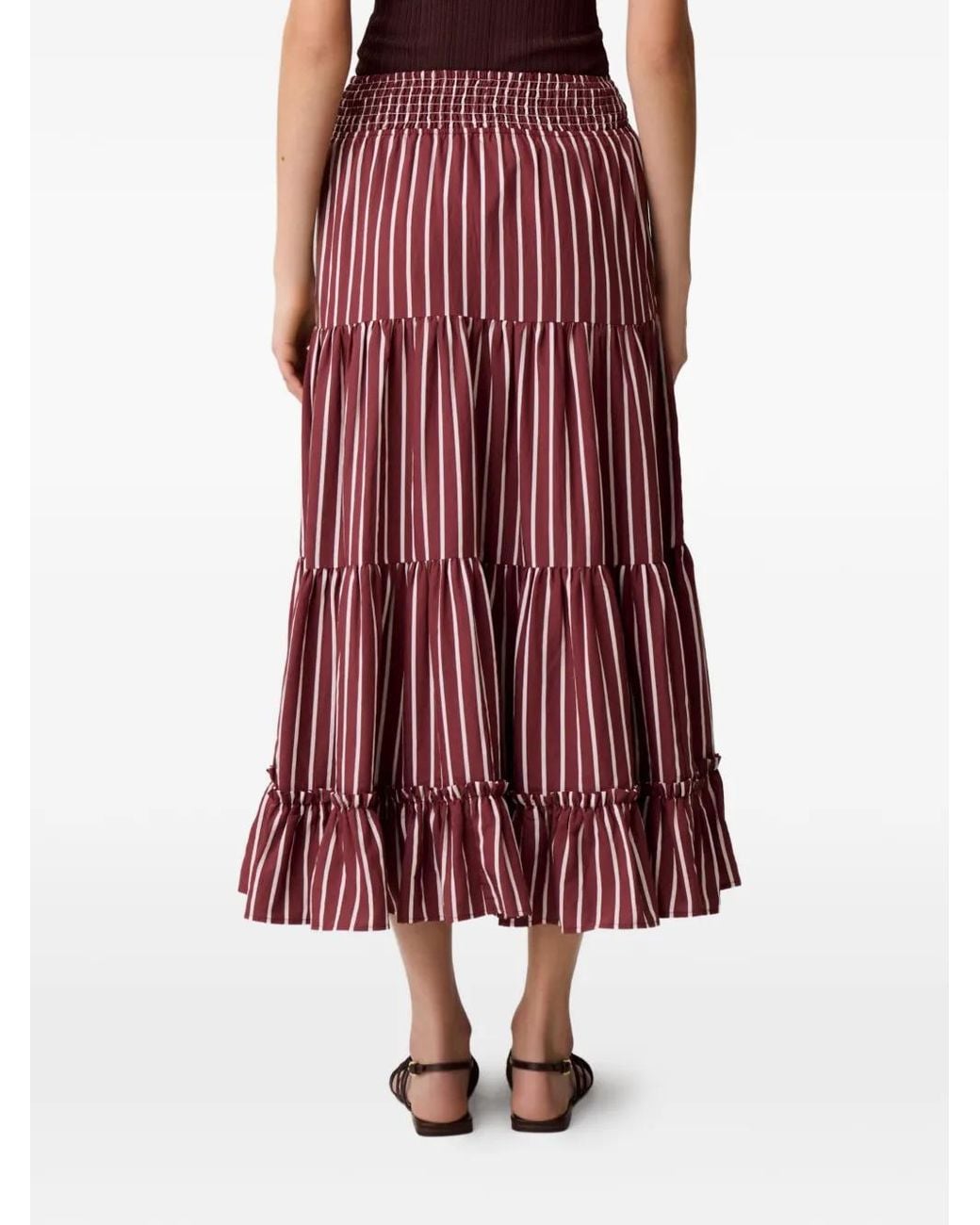 Jupe Trapèze Longue À Rayures Et Volants Superposés Claudie Pierlot en coloris Red