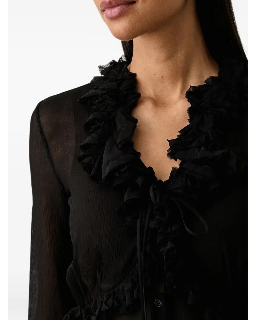 Patrizia Pepe Black Ruffled-Trim Long-Sleeve Blouse