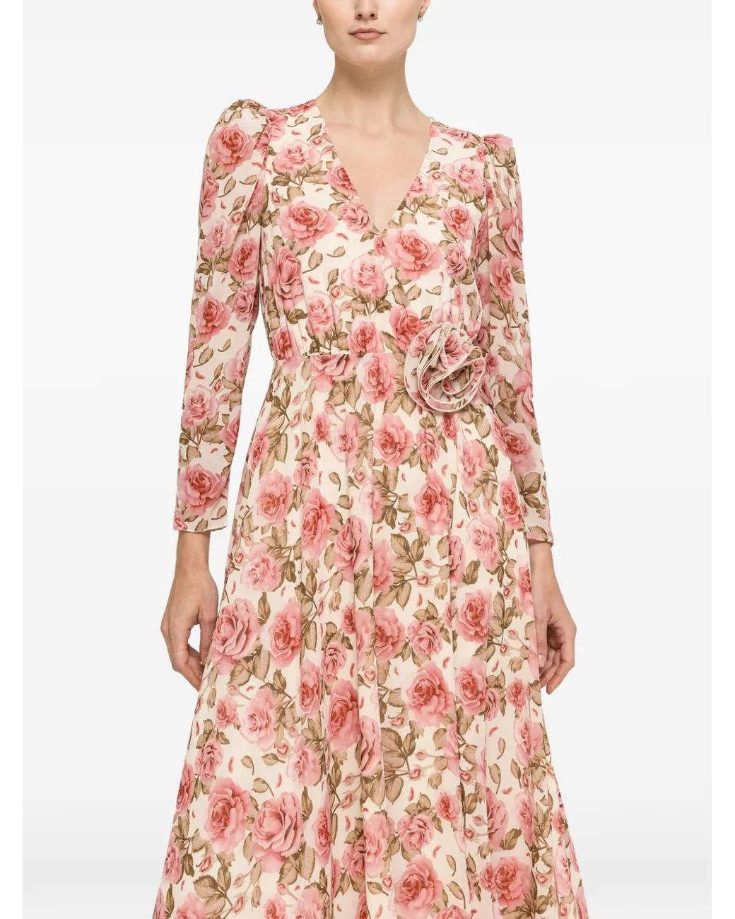 Nissa Pink Floral-Detail Chiffon Midi Dress