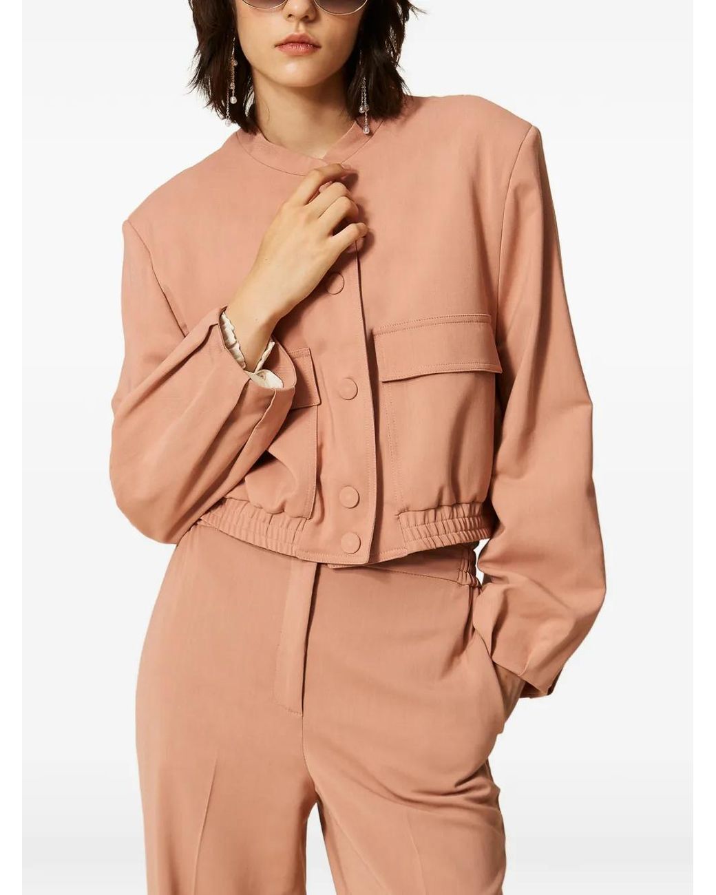 Twinset Pink Twill Bomber Jacket With Pockets