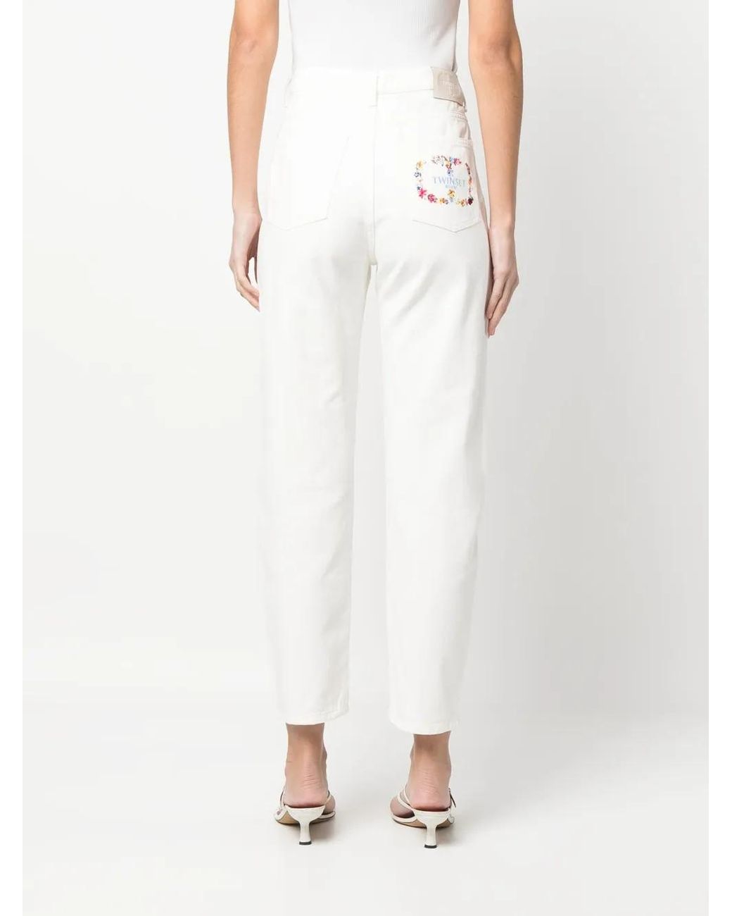 Twinset White Embroidered-Logo Straight-Leg Denim Trousers