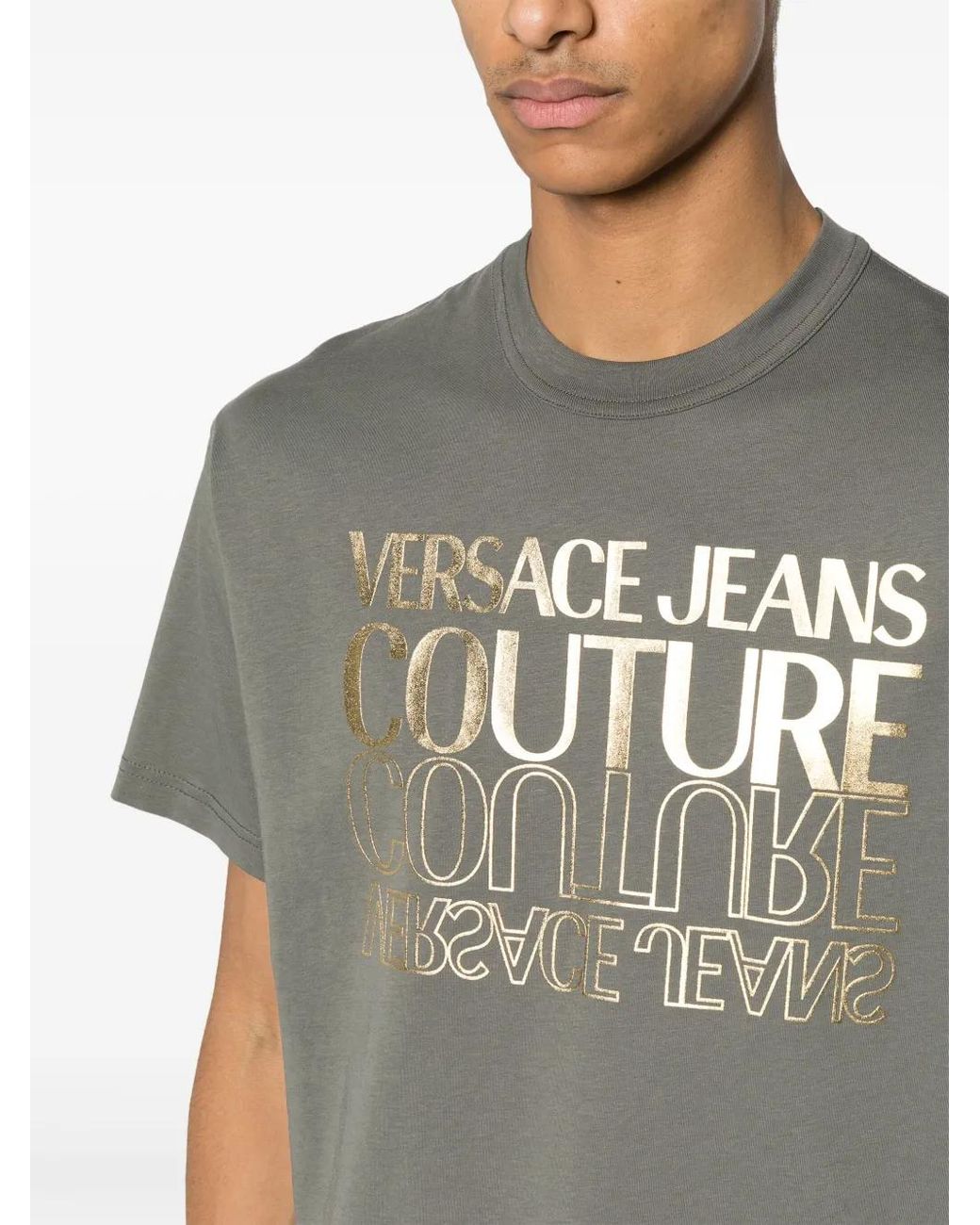 Versace Jeans Couture Gray Logo-Print Cotton T-Shirt for men