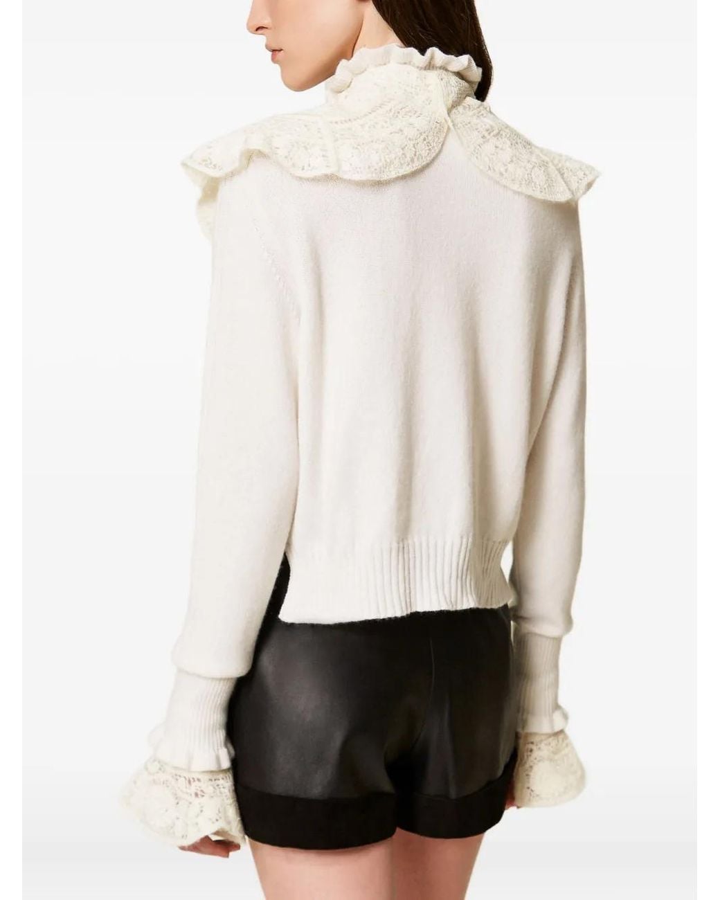 Twinset White Lace-Trimmed Ruffled Jumper