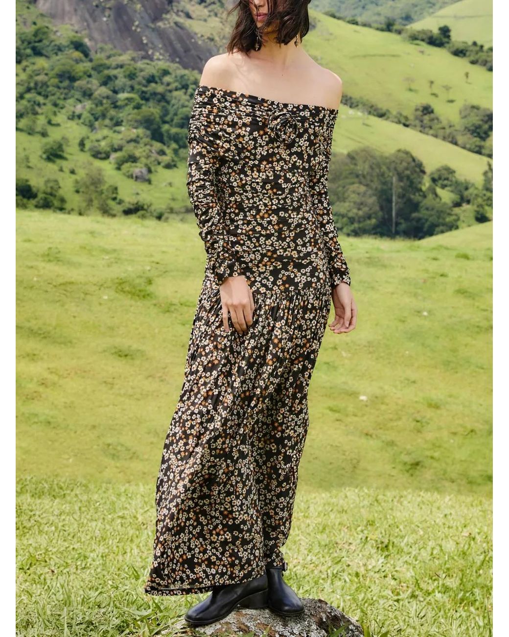 Farm Rio Natural Off-Shoulder Floral-Pattern Maxi Dress