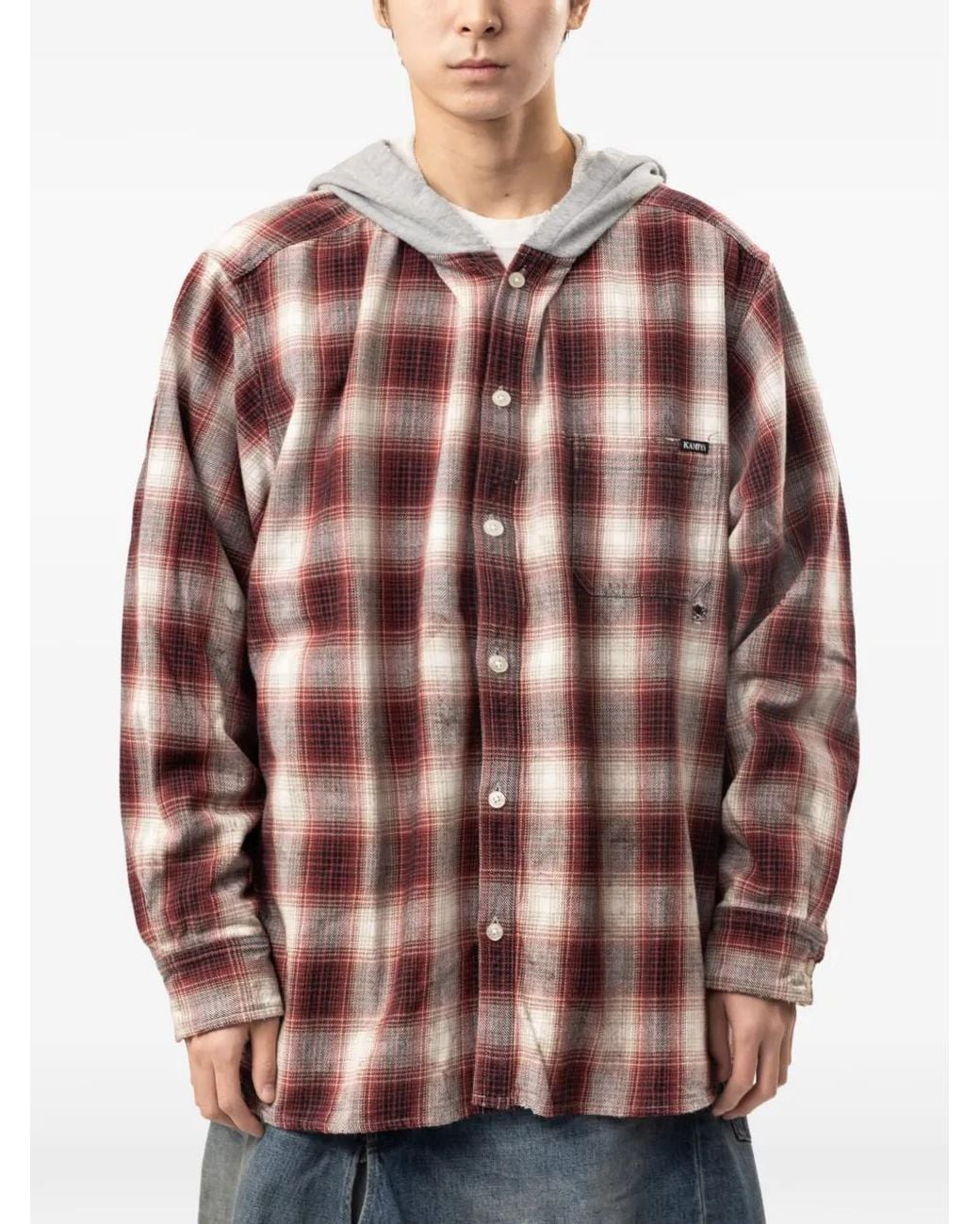 KAMIYA Check Hooded Shirt in Red for Men | Lyst
