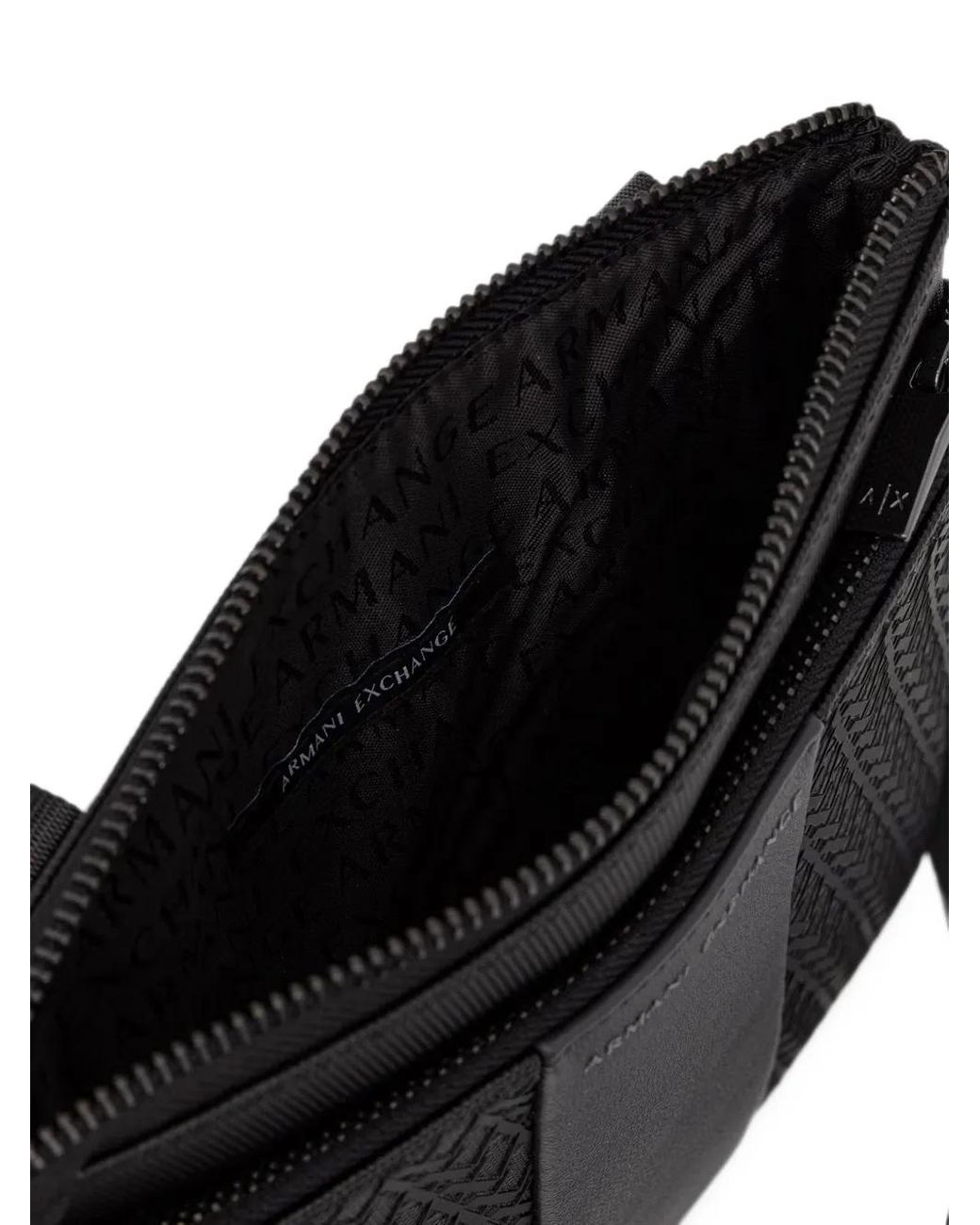 ARMANI EXCHANGE Black Monogram-Pattern Logo-Patch Messenger Bag for men
